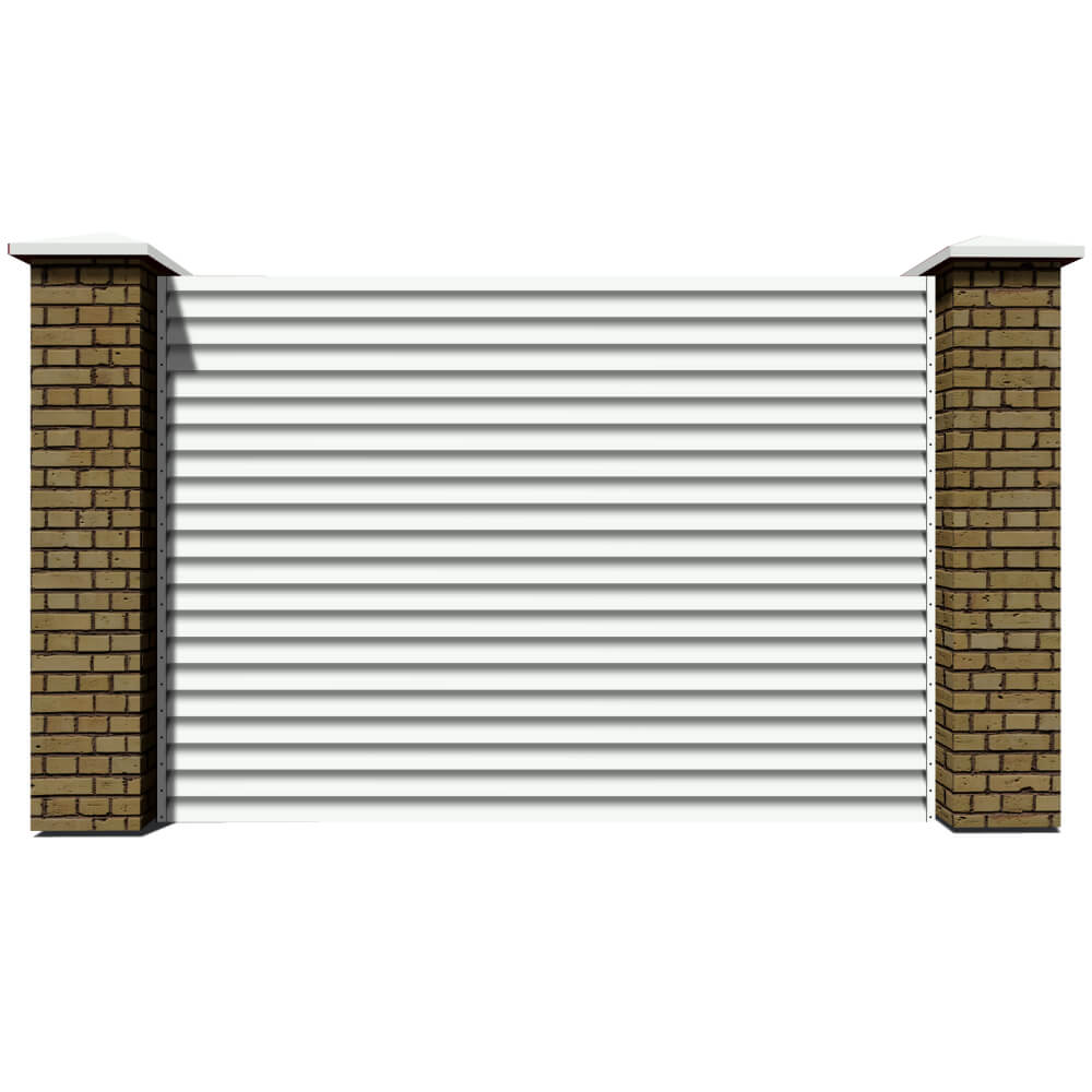 Секция забора жалюзи из ламелей еврожалюзи RAL9003 Белый с кирпичными столбами анфас